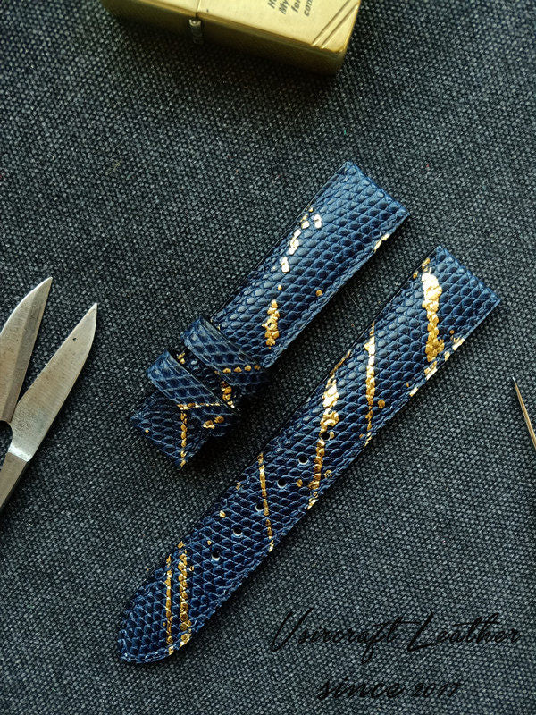 Handmade Custom Spanish Gilt Lizard Skin Watch Strap - Waterproof & Sweatproof, Black & Blue Pin Buckle