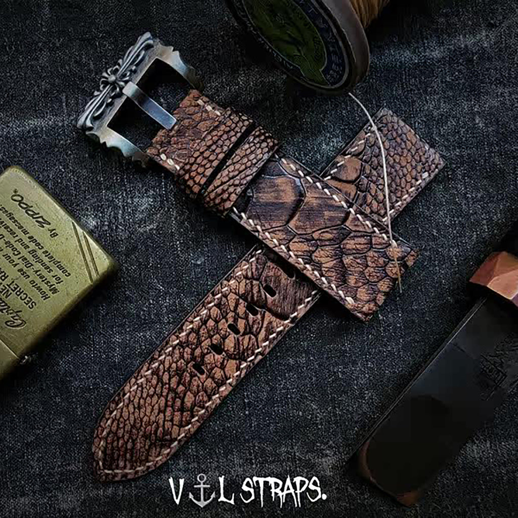 Handmade Custom Vintage Brown Ostrich Foot Leather Watch Strap - Cracked Texture, Soft, Pin Buckle, Thickened