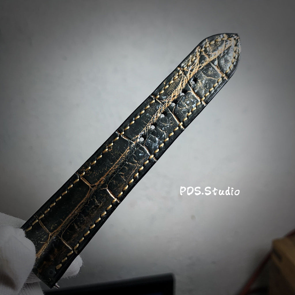 Handmade Custom American Retro Black & Gold American Alligator Leather Watch Strap - Frosted Texture, Sweat-Resistant, Soft, Pin Buckle