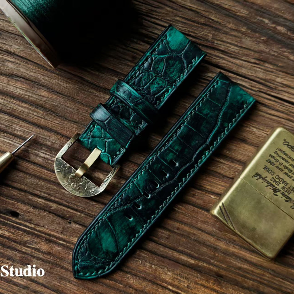 Handmade Custom American Vintage Sanded American Alligator Leather Watch Strap - Matte, Distressed, Black, Custom Pin Buckle