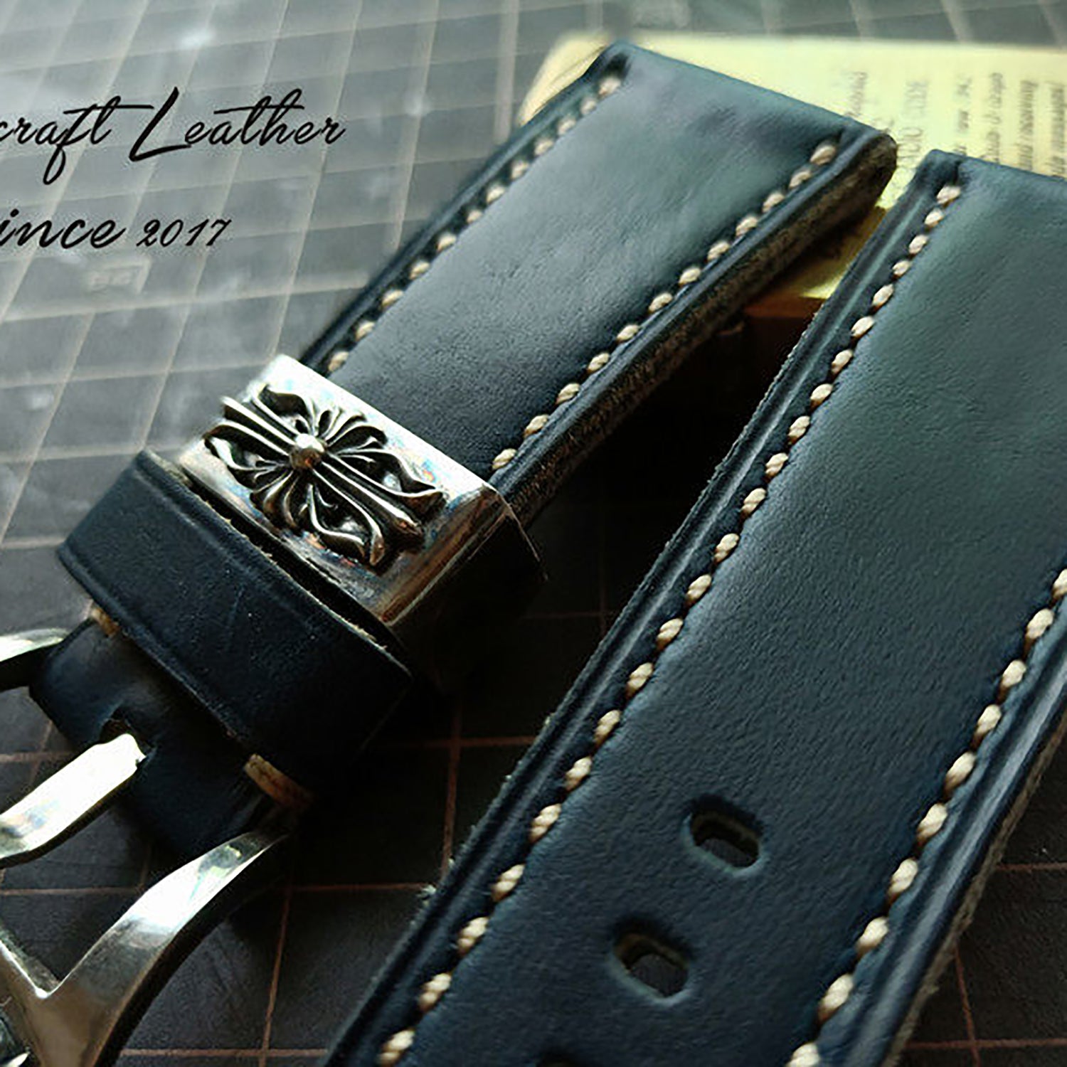 Handmade Custom American Horween Leather Watch Strap - Ink Blue & Dark Blue, Thickened & Soft, Pin Buckle