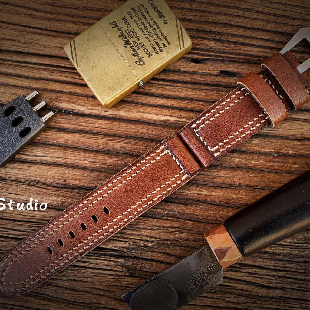 Handcrafted Custom Leather Watch Strap, British Vintage Style, Made of Brown Old-Growth Leather, Soft with Double Thread Sandwich Structure