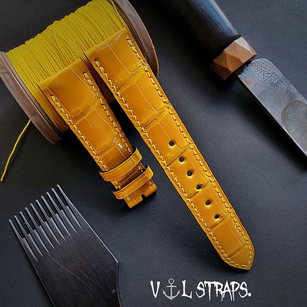 Handmade High-Gloss American Crocodile Leather Watch Strap - Custom Milk White Color, Waterproof, Thickened & Soft - Original Blue