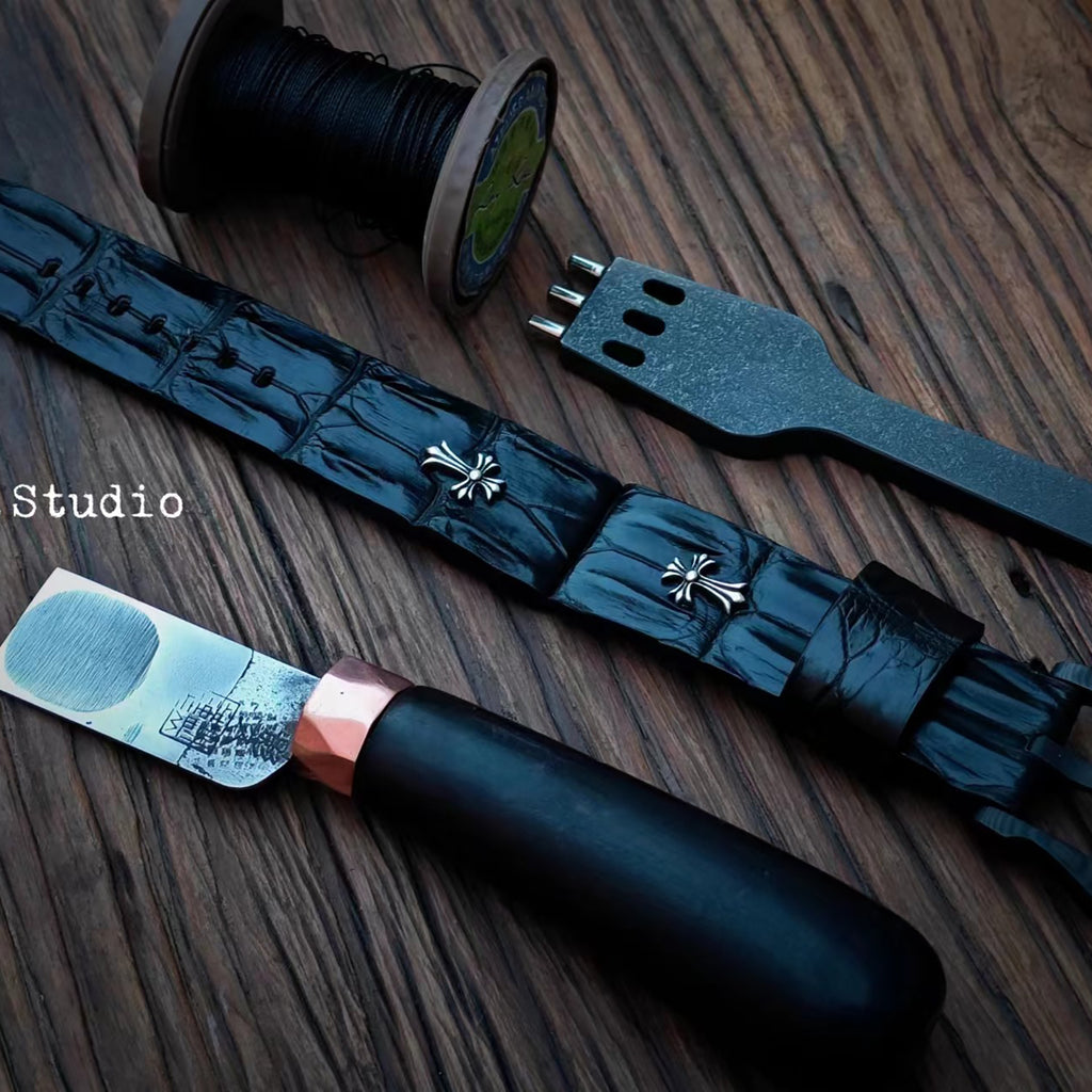 Handcrafted Custom Crocodile Bone Leather Watch Strap - Vintage Raised Inlay with Black, Waterproof & Sweat-Resistant