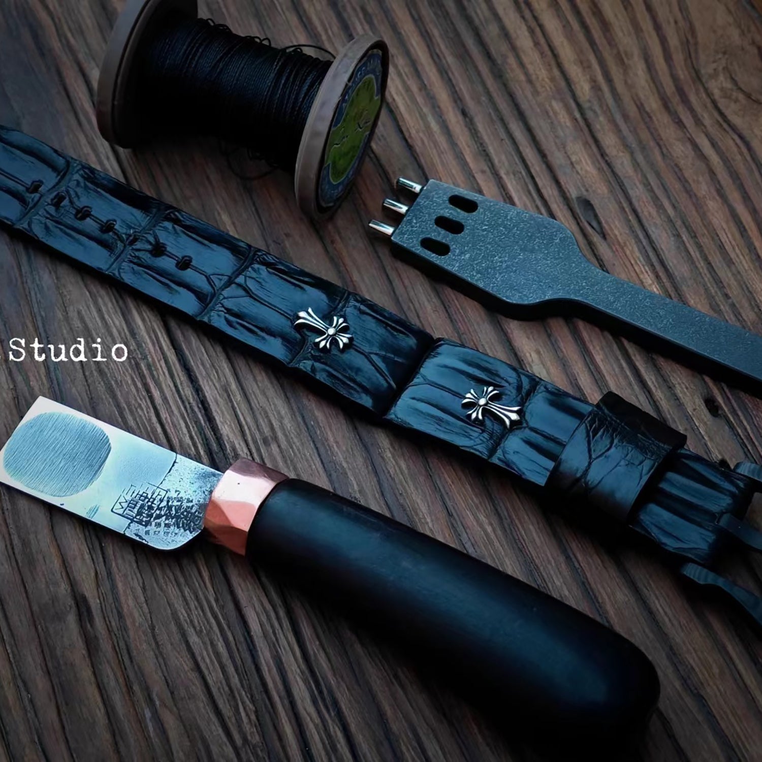 Handcrafted Custom Crocodile Bone Leather Watch Strap - Vintage Raised Inlay with Black, Waterproof & Sweat-Resistant