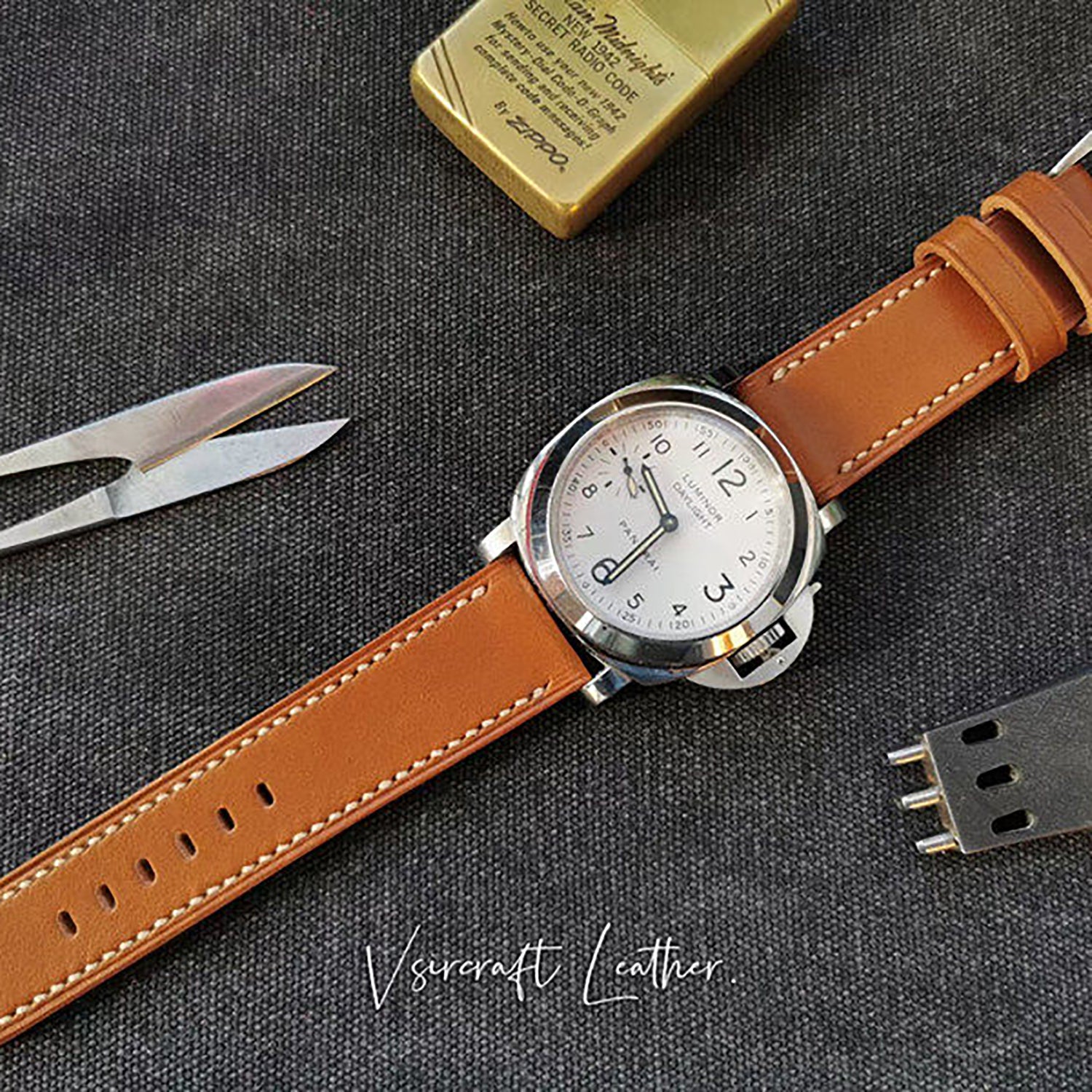 Handmade Custom Light Brown Tan Italian Leather Watch Strap - Vintage American Style, Soft, Thickened, Durable, Pin Buckle