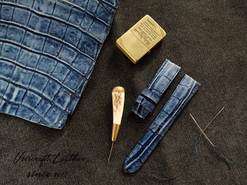 Handmade Custom Vintage American Matte Crocodile Leather Watch Strap - Matte Finish, Distressed Look, Pin Buckle