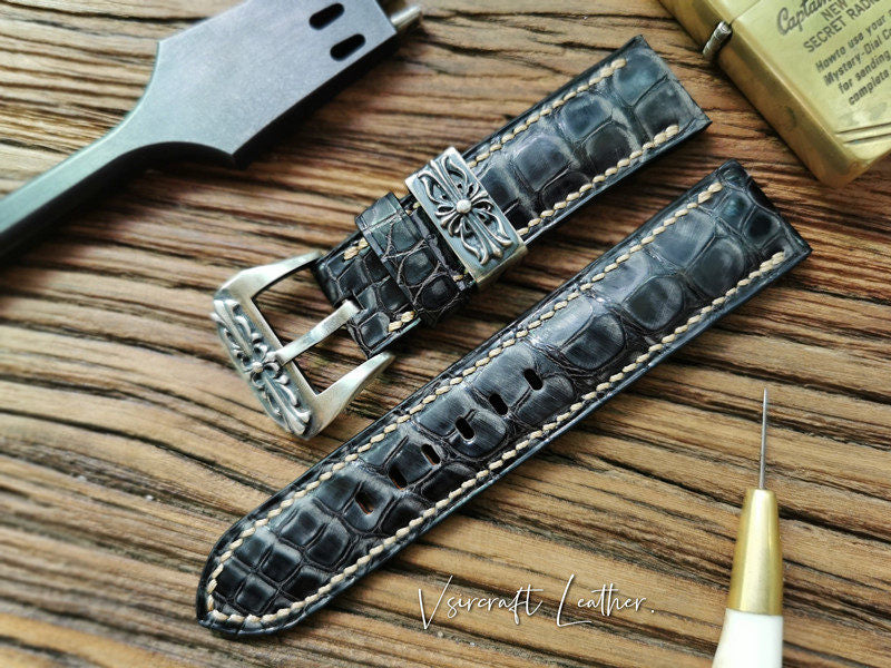 Handmade Custom Vintage American Matte Crocodile Leather Watch Strap - Matte Finish, Distressed Look, Pin Buckle