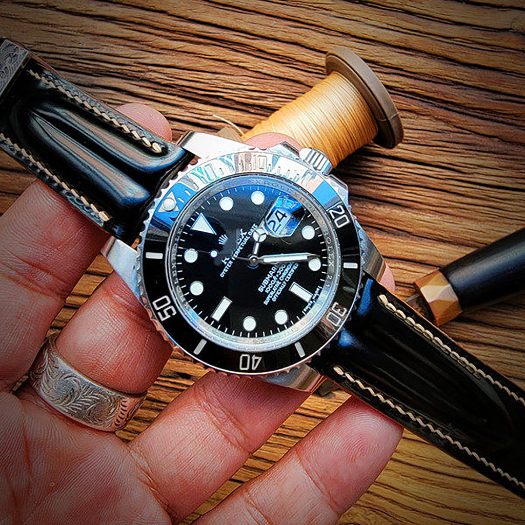 Handcrafted Custom Watch Strap - Horsehide with Drum Effect & Double-Strand Sword Bone Design, Glossy Black & Brown, Soft & Comfortable, Minimalist Style