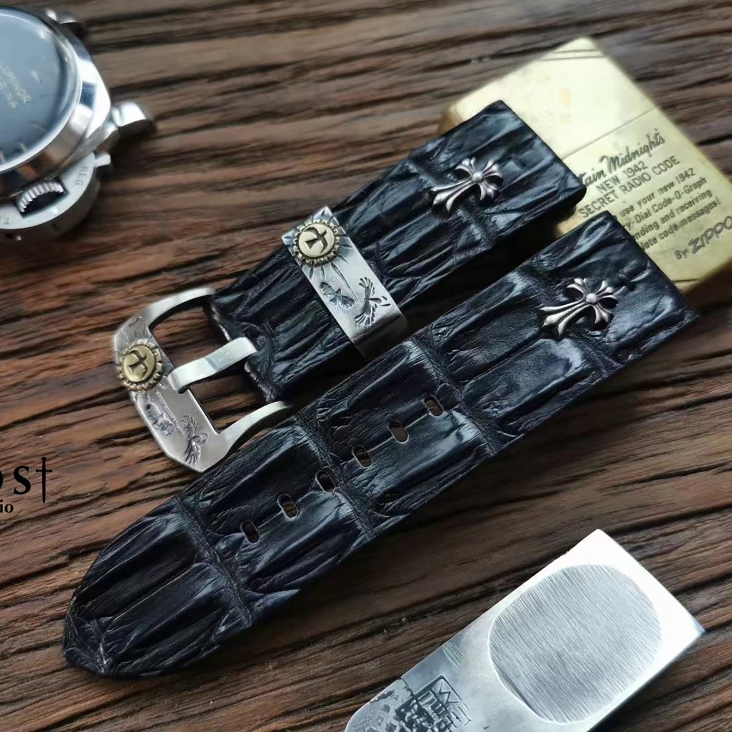 Handcrafted Custom Crocodile Bone Leather Watch Strap - Vintage Raised Inlay with Black, Waterproof & Sweat-Resistant