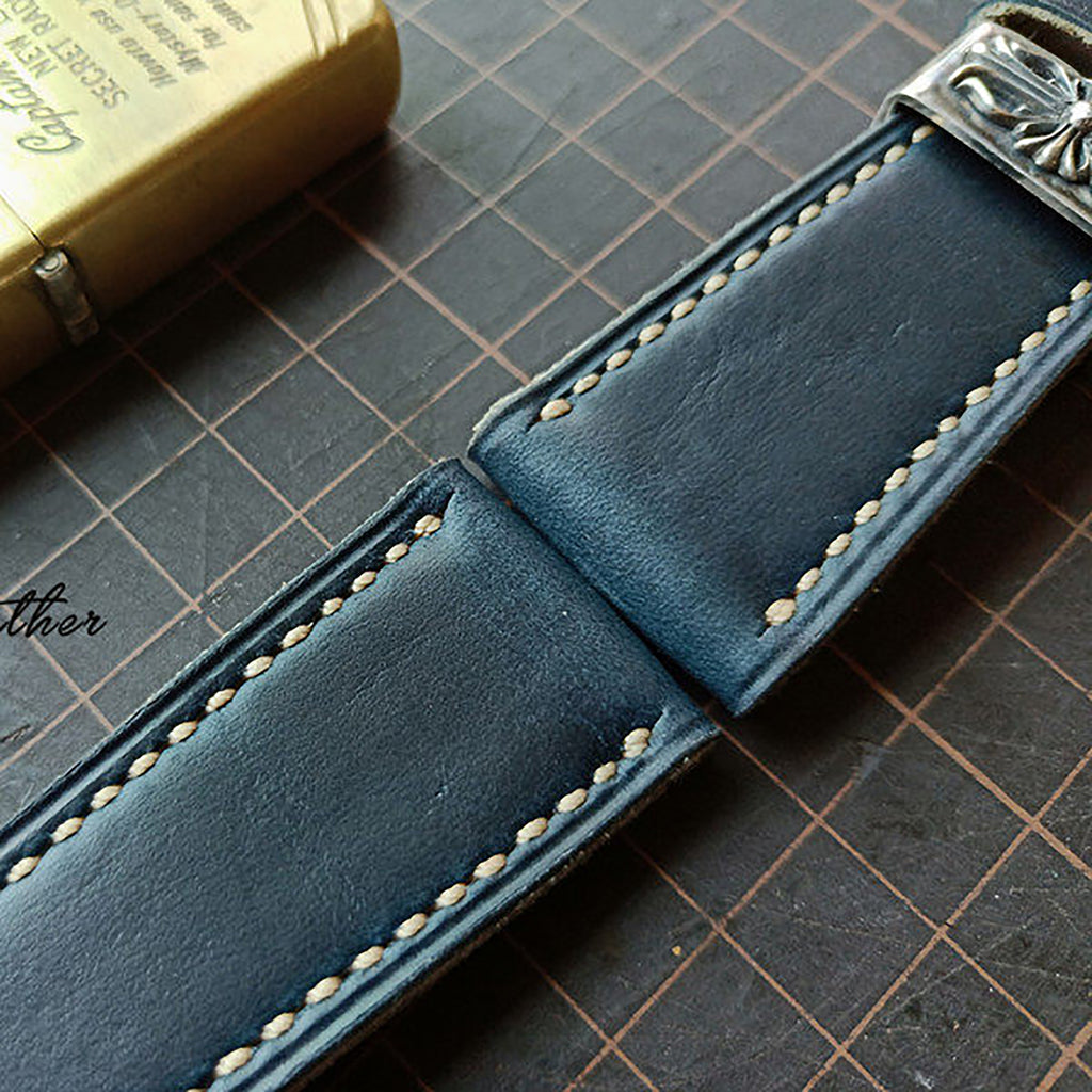 Handmade Custom American Horween Leather Watch Strap - Ink Blue & Dark Blue, Thickened & Soft, Pin Buckle