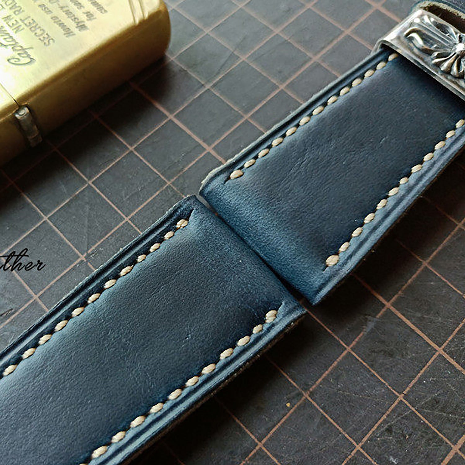 Handmade Custom American Horween Leather Watch Strap - Ink Blue & Dark Blue, Thickened & Soft, Pin Buckle