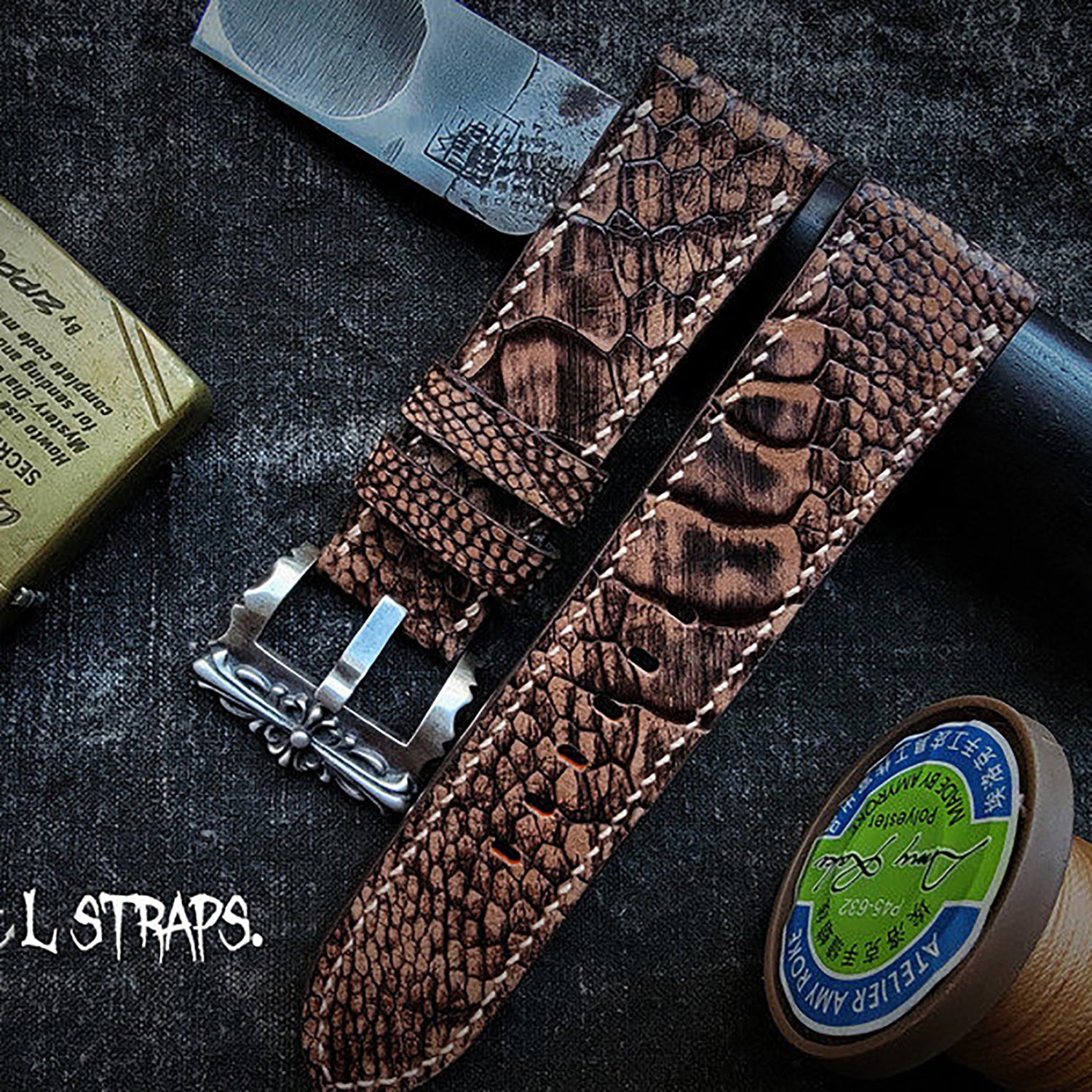 Handmade Custom Vintage Brown Ostrich Foot Leather Watch Strap - Cracked Texture, Soft, Pin Buckle, Thickened