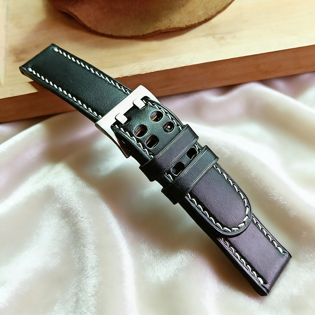 Handmade Custom Italian Black Cowhide Watch Strap, Double Needle & Double Hole Design, Soft and Durable, with Pin Buckle