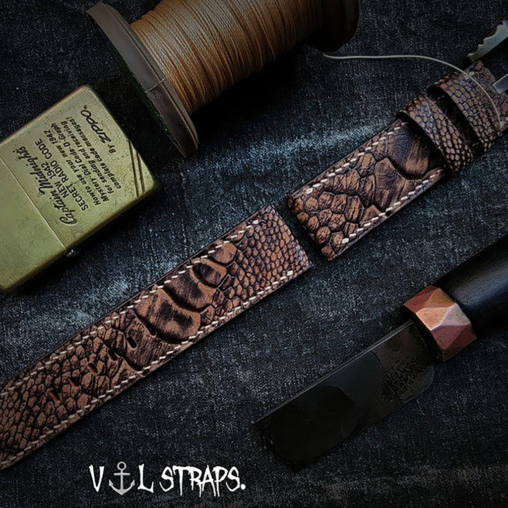 Handmade Custom Vintage Brown Ostrich Foot Leather Watch Strap - Cracked Texture, Soft, Pin Buckle, Thickened
