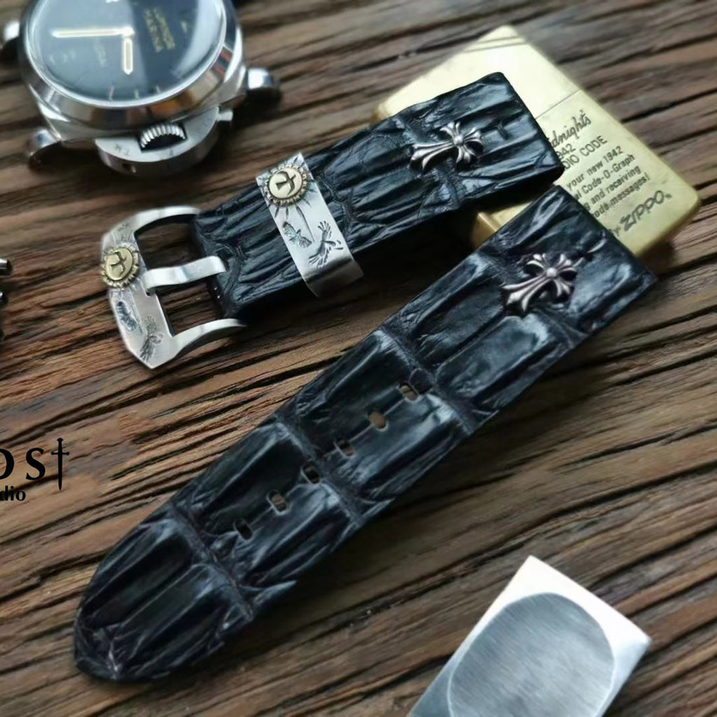 Handcrafted Custom Crocodile Bone Leather Watch Strap - Vintage Raised Inlay with Black, Waterproof & Sweat-Resistant