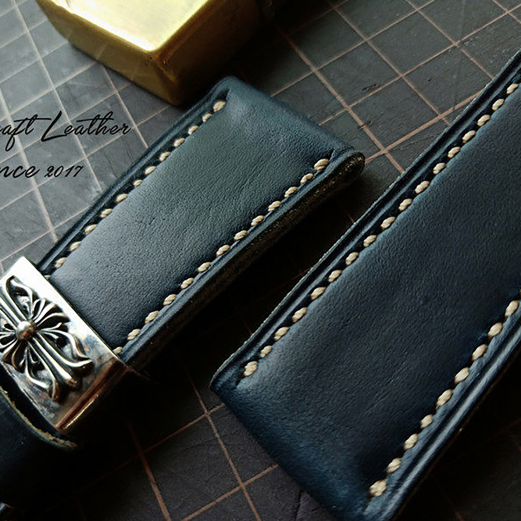 Handmade Custom American Horween Leather Watch Strap - Ink Blue & Dark Blue, Thickened & Soft, Pin Buckle