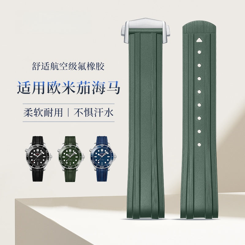 Fluorine Rubber Watch Strap for Omega Seamaster 300, Diver Strap, Fits 007 Black Sniper