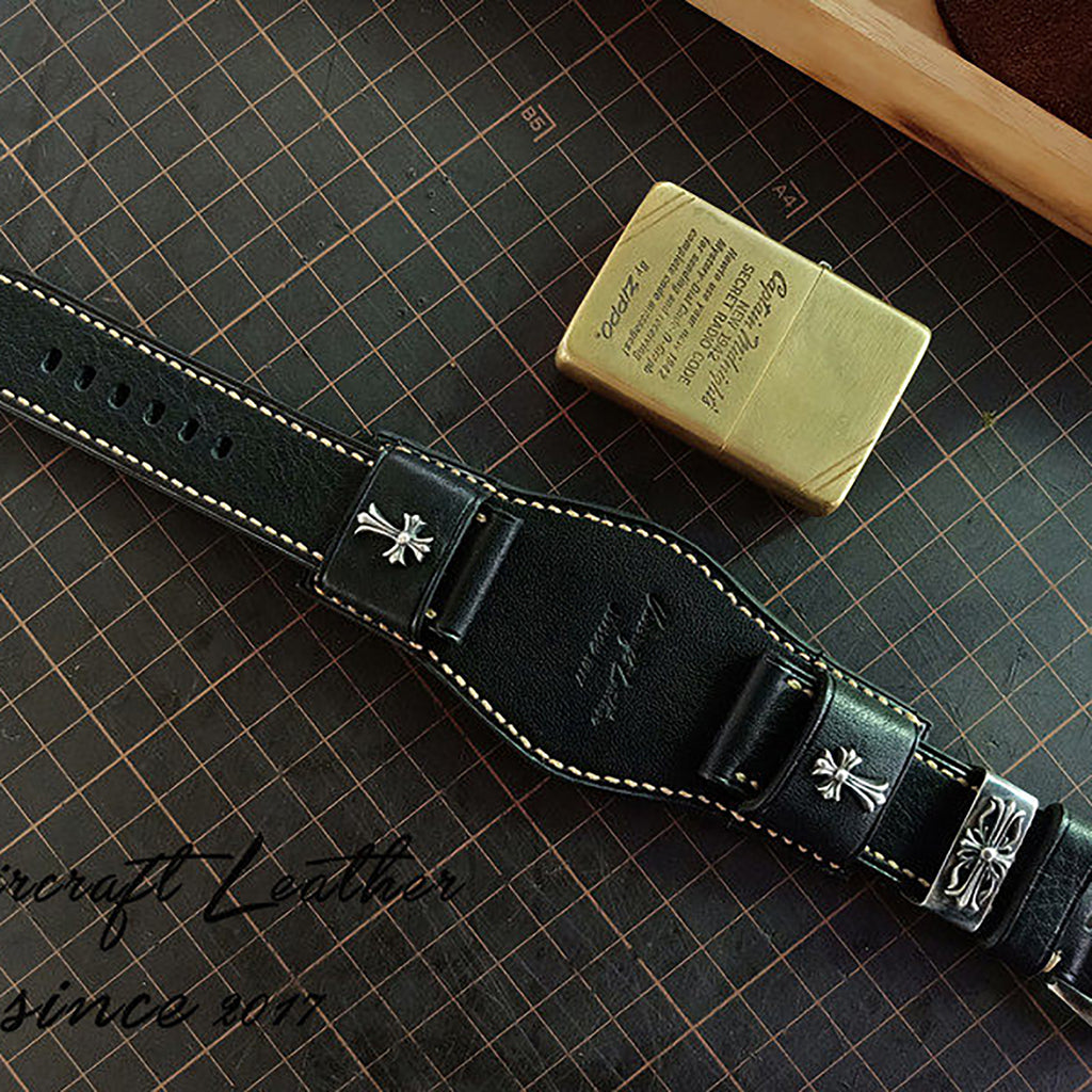 Handmade Custom Watch Strap - Italian Cowhide, Hypoallergenic Lining, Black Original Pin Buckle