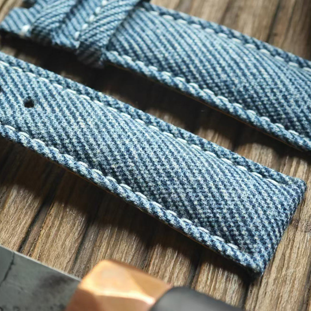 Handcrafted Custom Watch Strap - Imported Blue Denim & PP French Calf Leather, Minimalist Pin Buckle