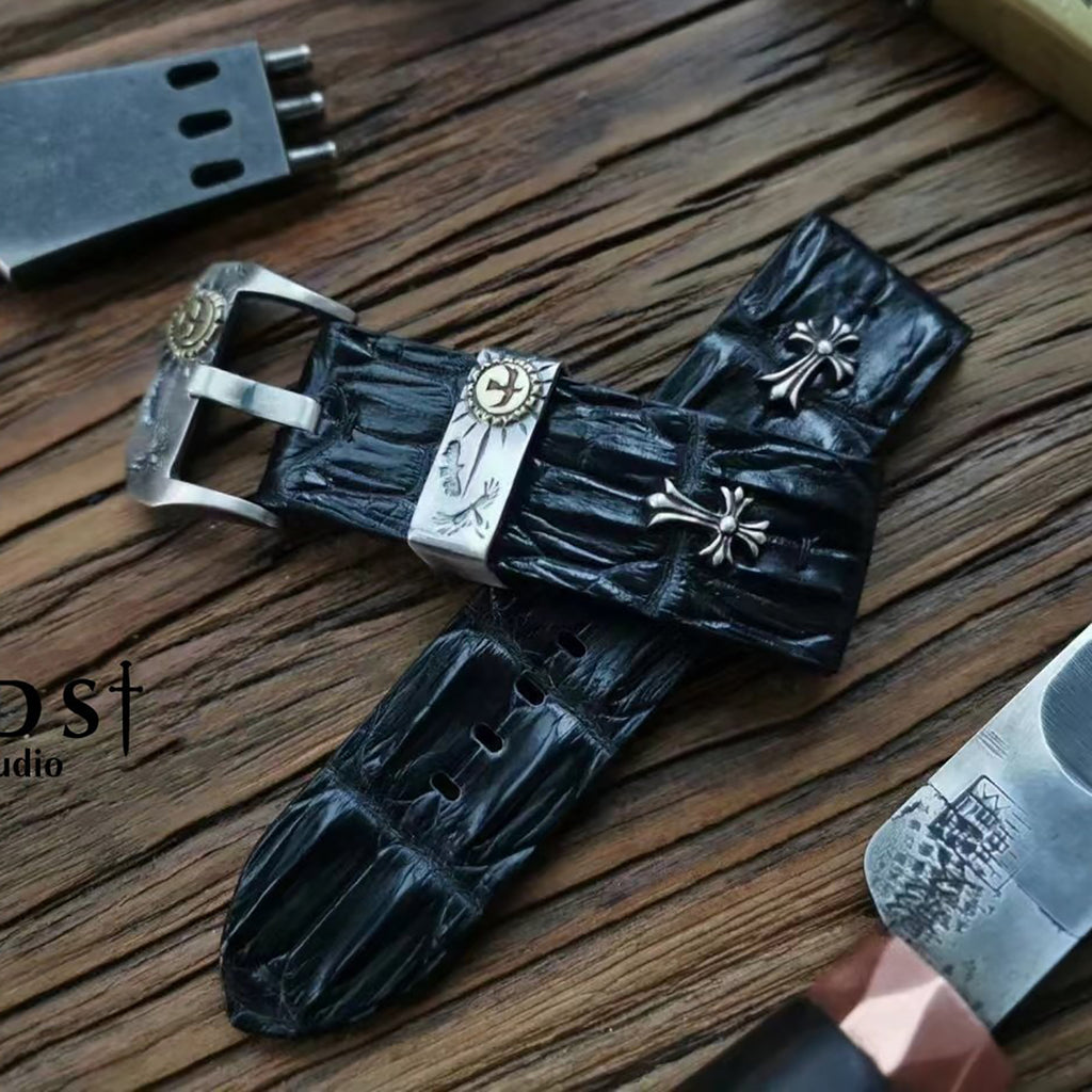 Handcrafted Custom Crocodile Bone Leather Watch Strap - Vintage Raised Inlay with Black, Waterproof & Sweat-Resistant