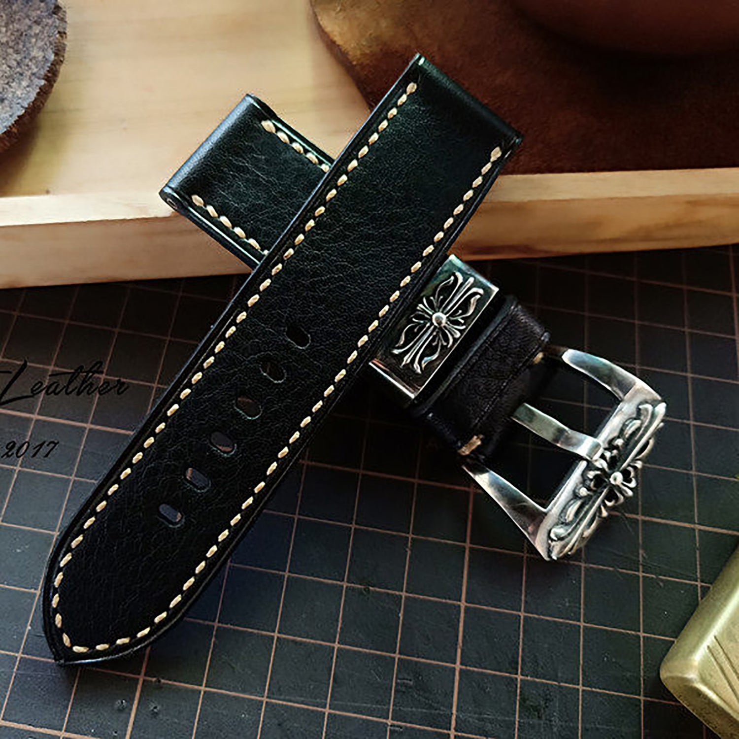Handmade Custom Watch Strap - Italian Cowhide, Hypoallergenic Lining, Black Original Pin Buckle