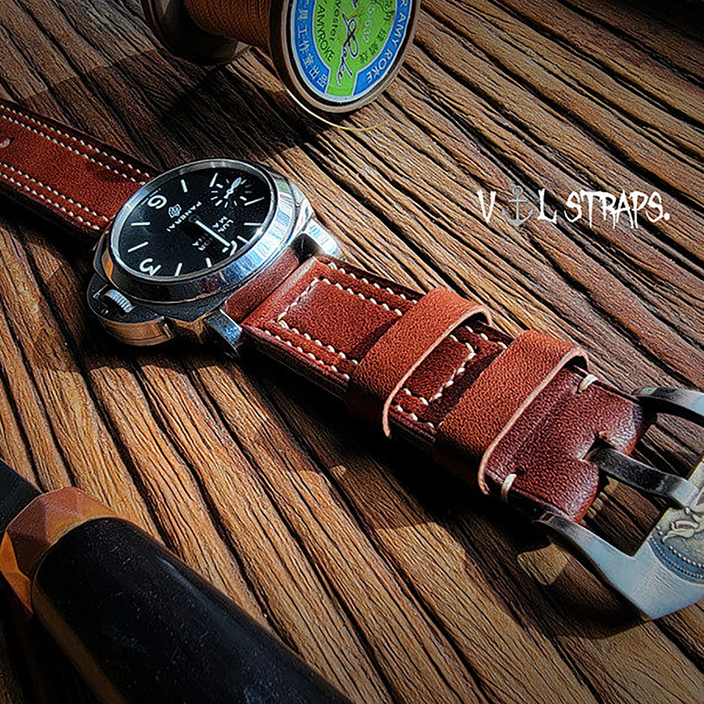 Handcrafted Custom Leather Watch Strap, British Vintage Style, Made of Brown Old-Growth Leather, Soft with Double Thread Sandwich Structure