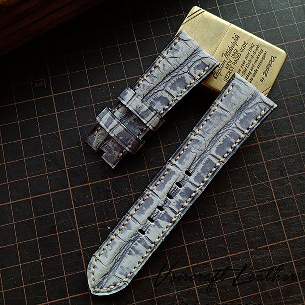 Handmade Custom American Crocodile Leather Watch Strap - Cracked Texture, Satin Finish, Black & Forest Green, Pin Buckle, Sweat-Resistant