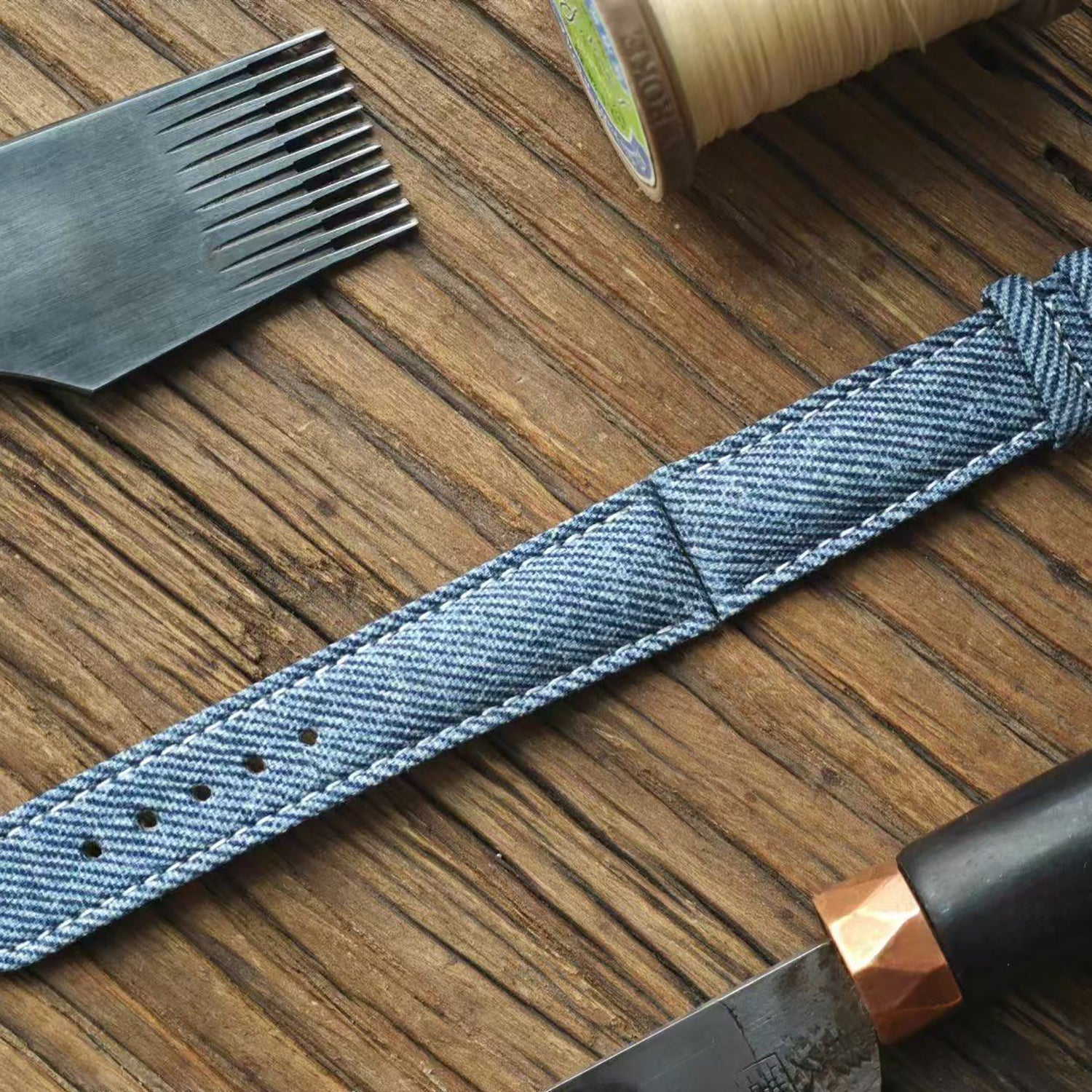 Handcrafted Custom Watch Strap - Imported Blue Denim & PP French Calf Leather, Minimalist Pin Buckle