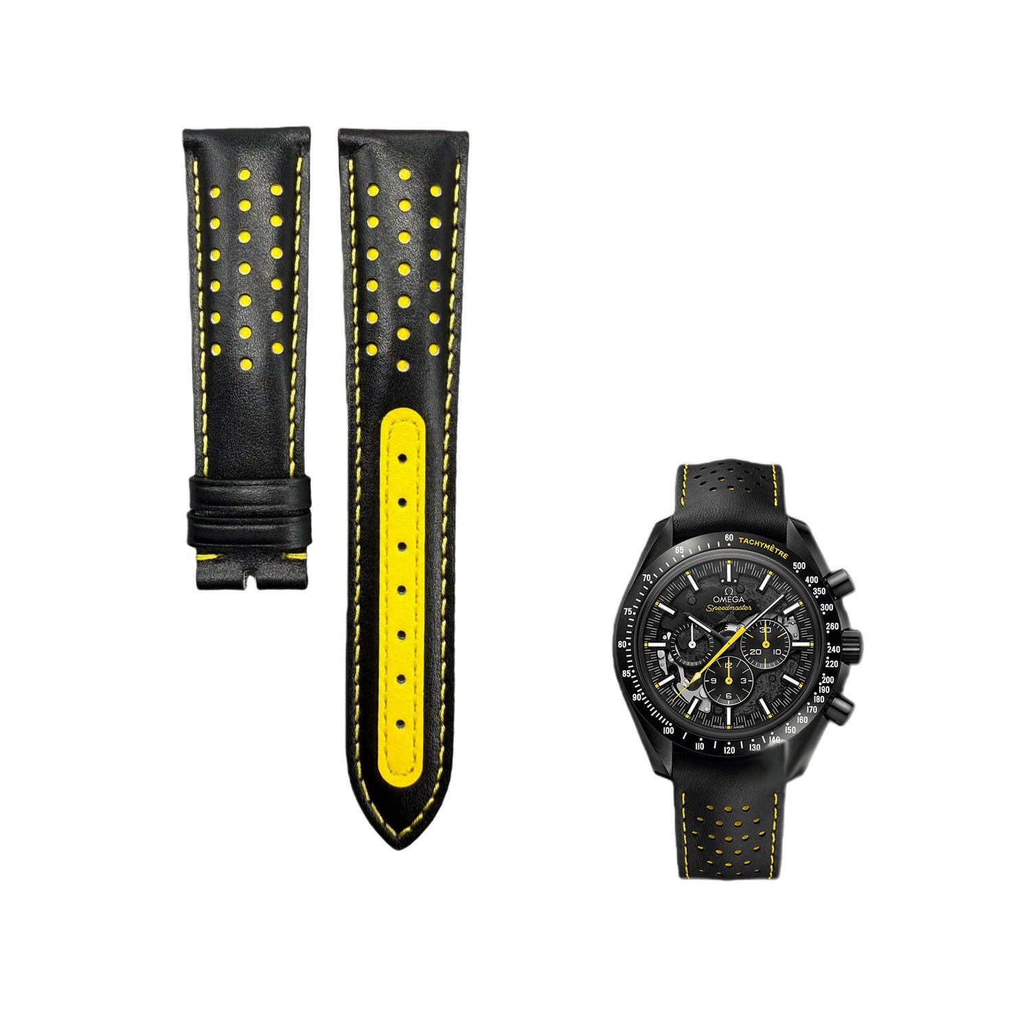 Handcrafted Custom Black Plain Cowhide Watch Strap with Yellow Perforations & Yellow Stitching for Omega