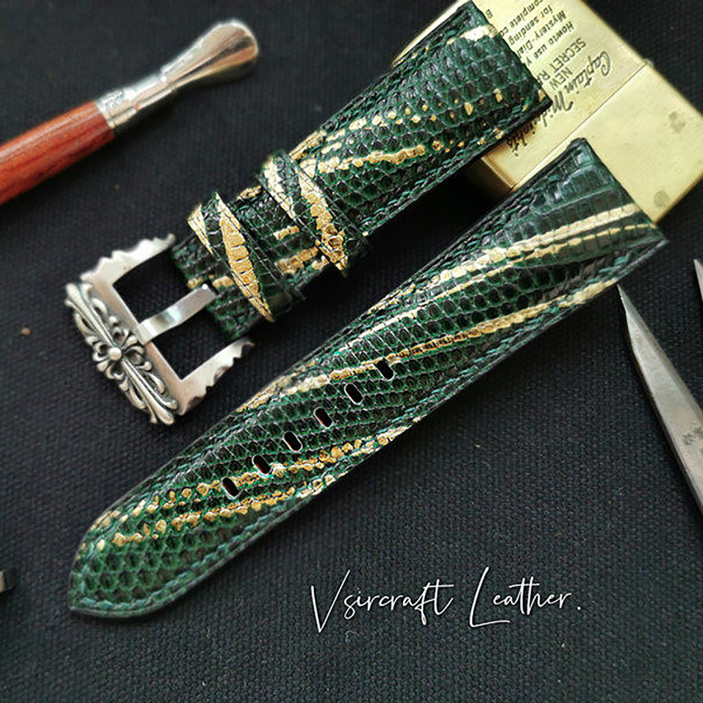 Handmade Custom Spanish Gilt Lizard Skin Watch Strap - Waterproof & Sweatproof, Black & Blue Pin Buckle