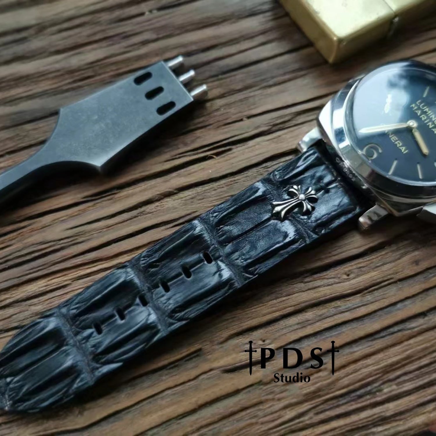 Handcrafted Custom Crocodile Bone Leather Watch Strap - Vintage Raised Inlay with Black, Waterproof & Sweat-Resistant