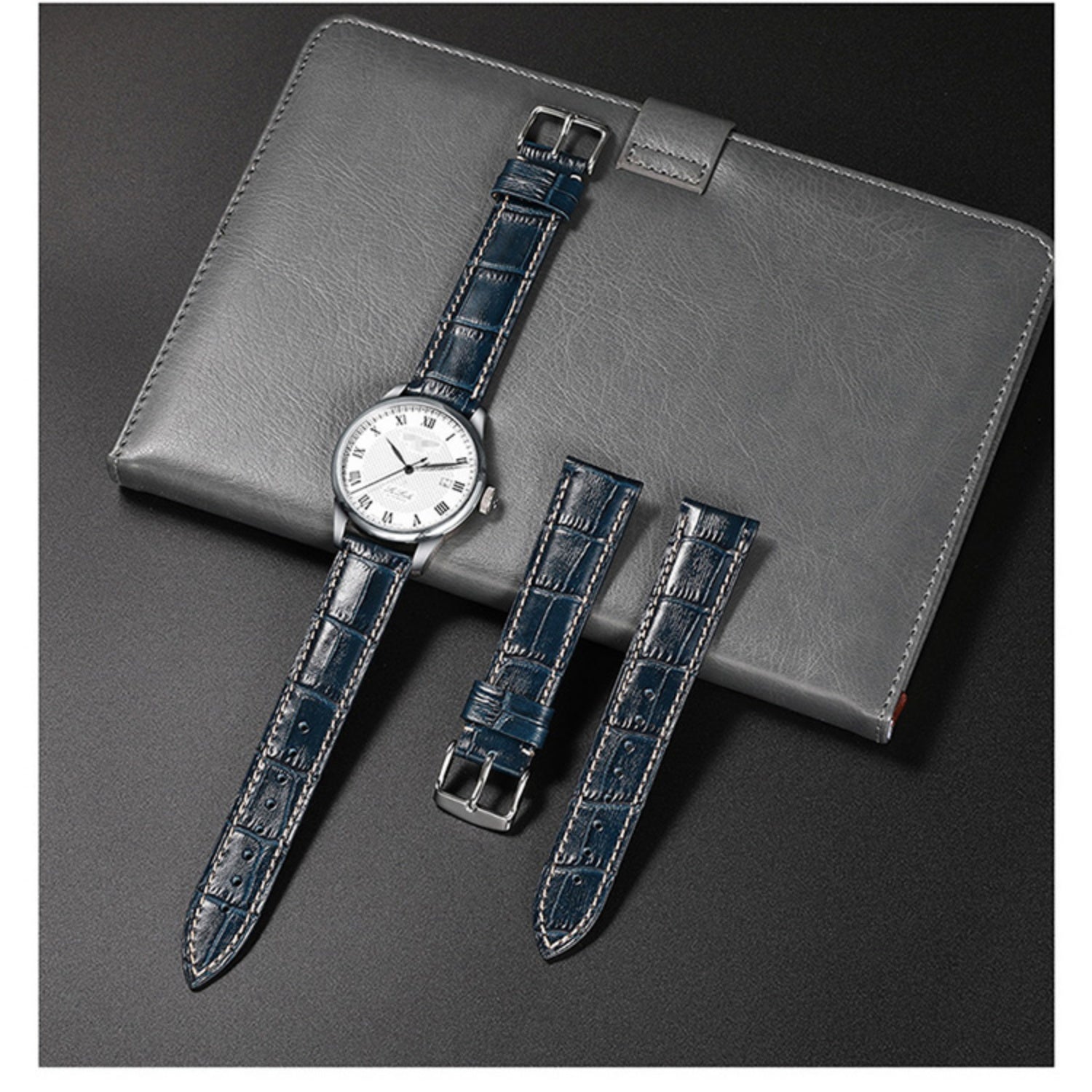 Genuine blue calfskin watch strap for men and women, fits Longines, Breitling, Citizen, Tissot