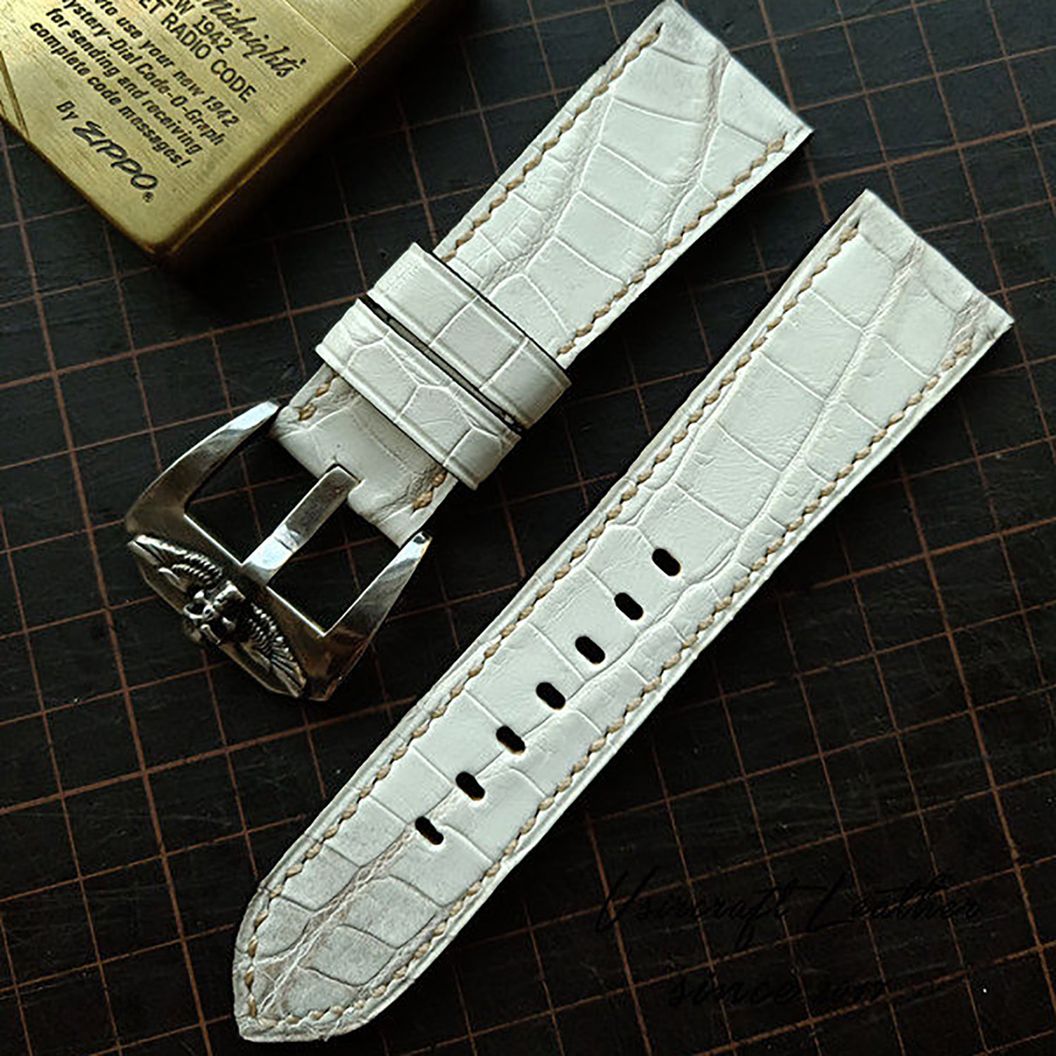 Handmade Custom American Crocodile Leather Watch Strap - Cracked Texture, Satin Finish, Black & Forest Green, Pin Buckle, Sweat-Resistant