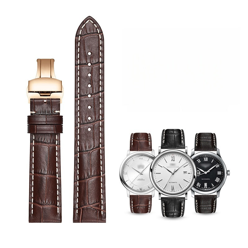 Genuine leather watch strap for men, first-layer cowhide, butterfly buckle, fits Tissot, Seiko, FIYTA, Longines