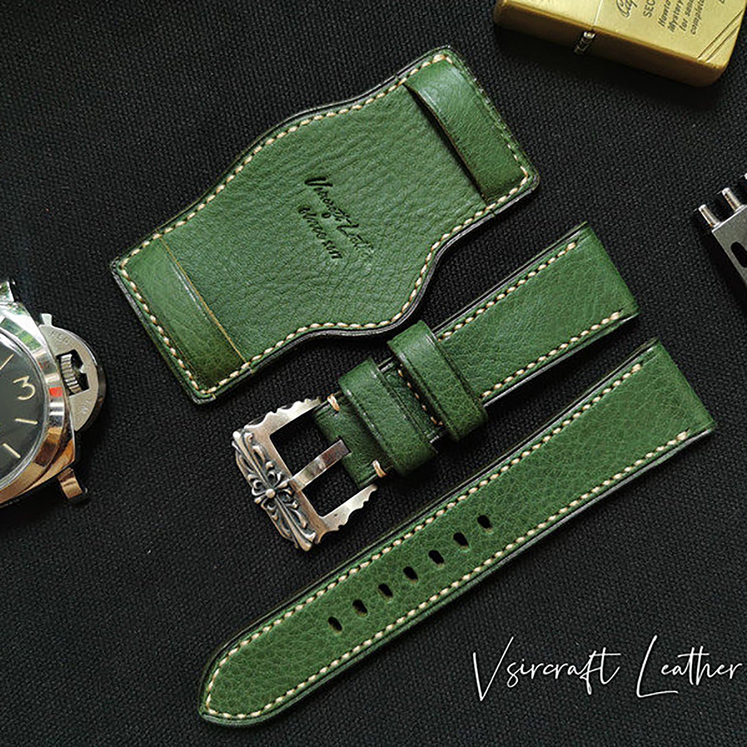 Handmade Custom Watch Strap - Italian Cowhide, Hypoallergenic Lining, Black Original Pin Buckle