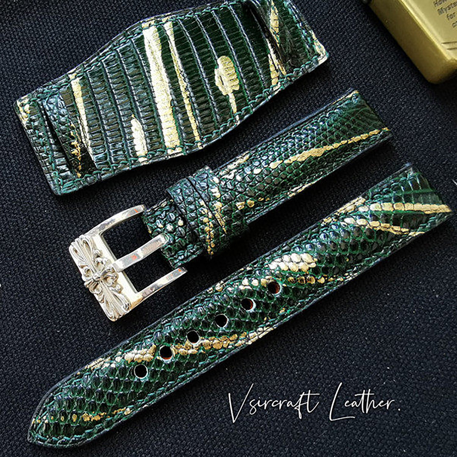 Handmade Custom Spanish Gilt Lizard Skin Watch Strap - Waterproof & Sweatproof, Black & Blue Pin Buckle