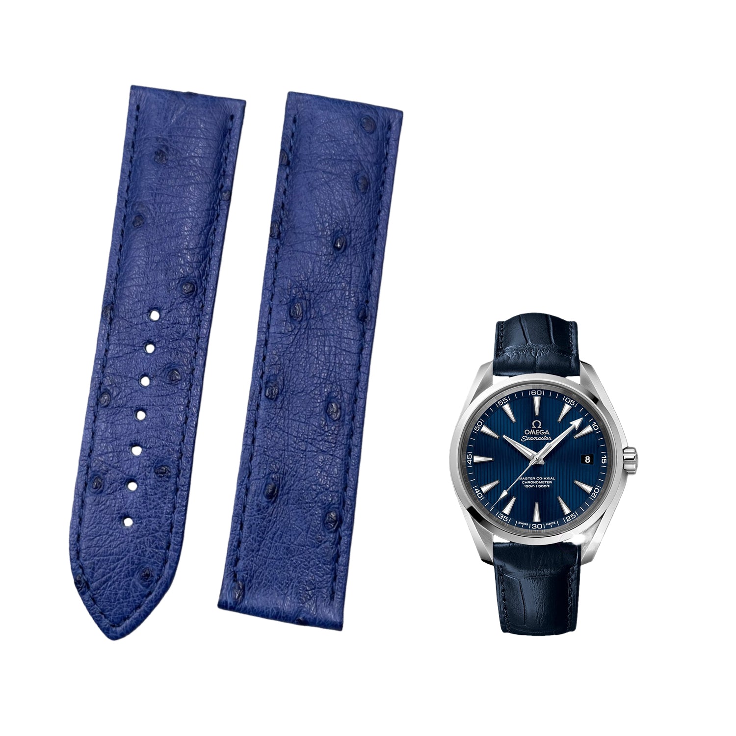 Custom Handmade Dark Blue Ostrich Leather Watch Strap for Watch Bands Seamaster Speedmaster (Model: 231.13.42.21.03.001)