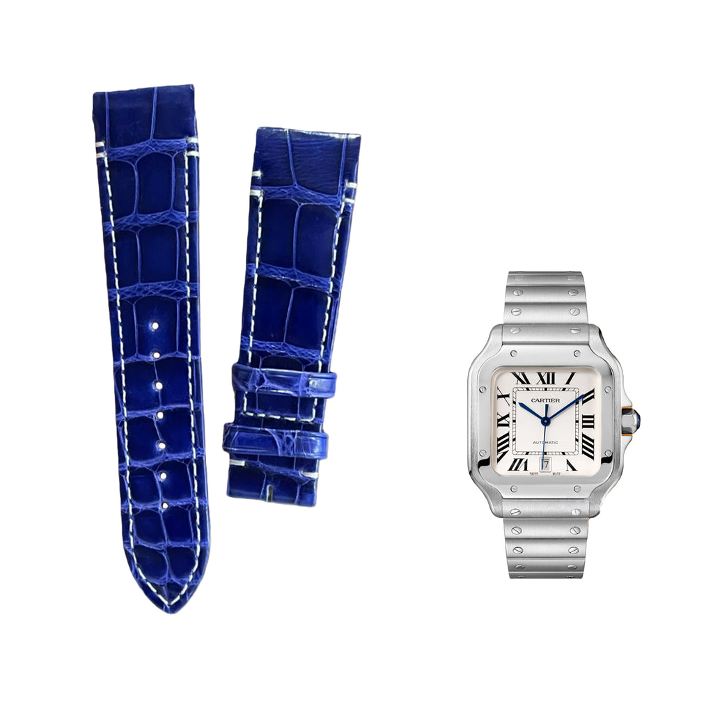 Fits Cartier Santos Series WJSA0013 Glossy Blue ALLIGATOR Quick-Release Pin Buckle Watch Strap