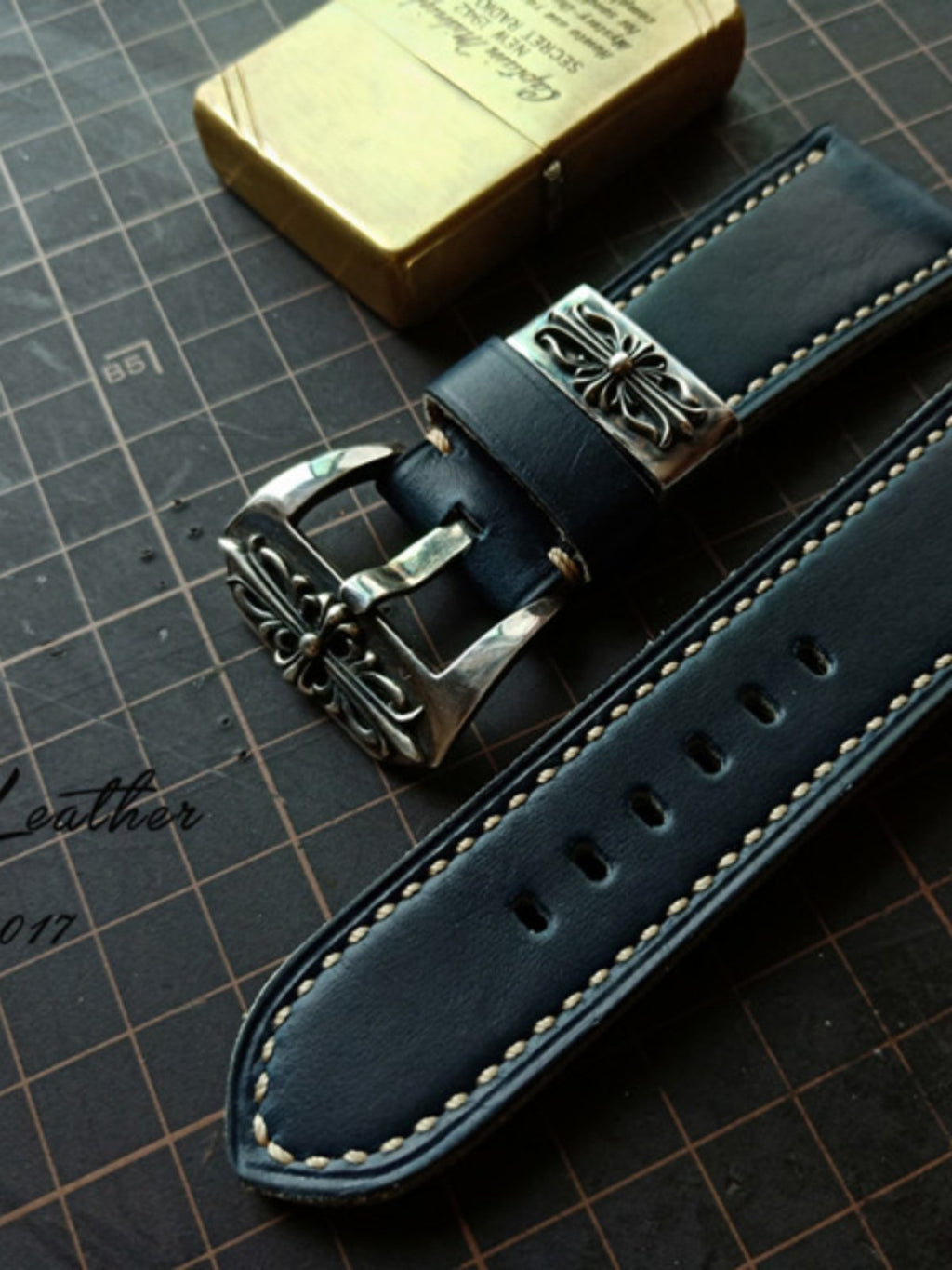 Handmade Custom American Horween Leather Watch Strap - Ink Blue & Dark Blue, Thickened & Soft, Pin Buckle