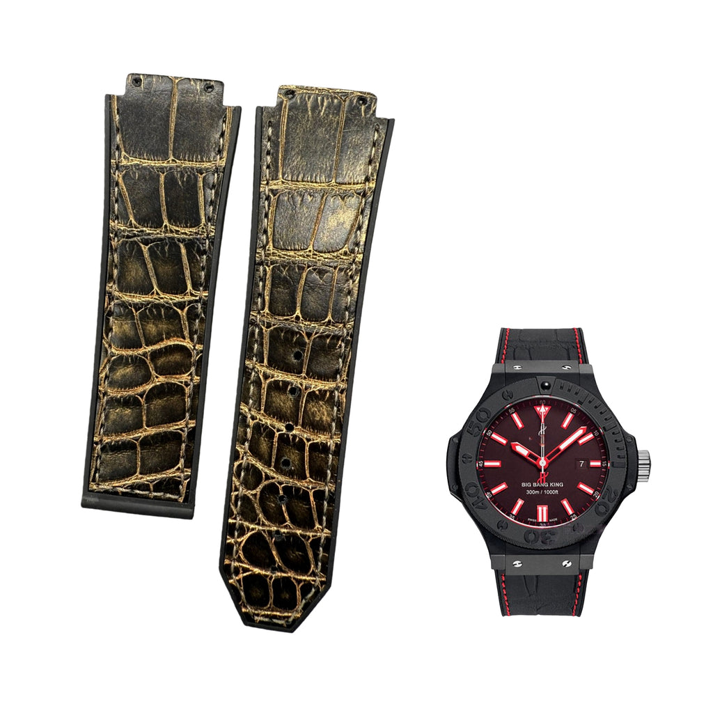 Handcrafted Custom Leather Watch Strap for Hublot 521 - Black & Gold ALLIGATOR Inlay on Fluororubber