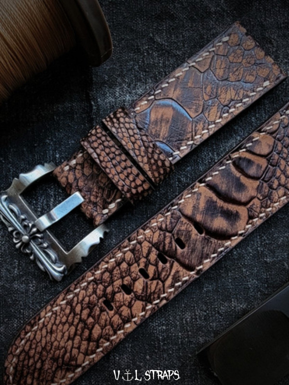 Handmade Custom Vintage Brown Ostrich Foot Leather Watch Strap - Cracked Texture, Soft, Pin Buckle, Thickened