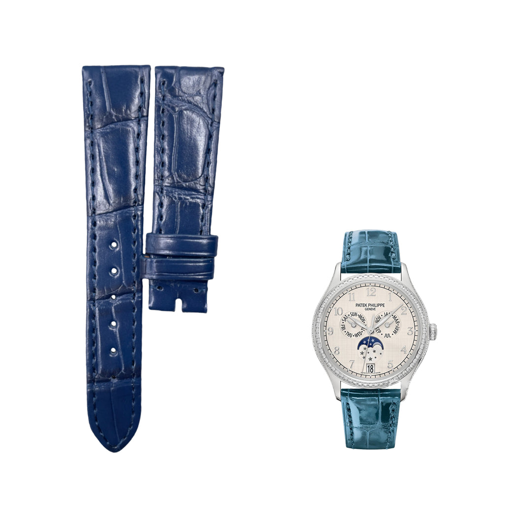 Custom Handcrafted HIGH-GLOSS BLUE ALLIGATOR Leather Strap for Patek Philippe Complications Collection 4947G