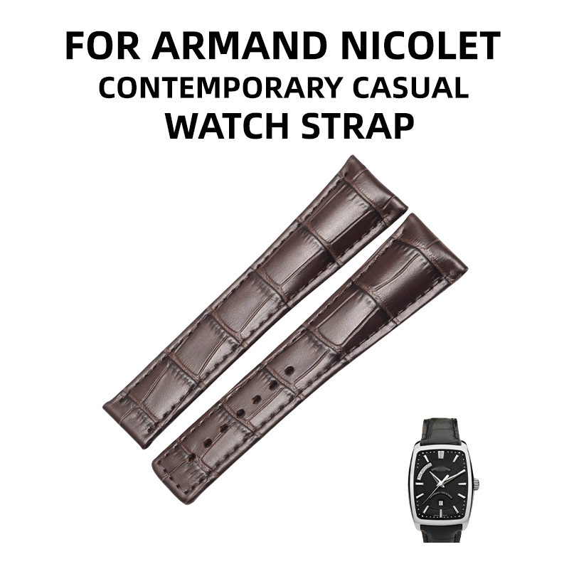 Alligator watch strap, replacement for Armand Nicolet Contemporary Casual, genuine cowhide leather strap for men, with folding clasp