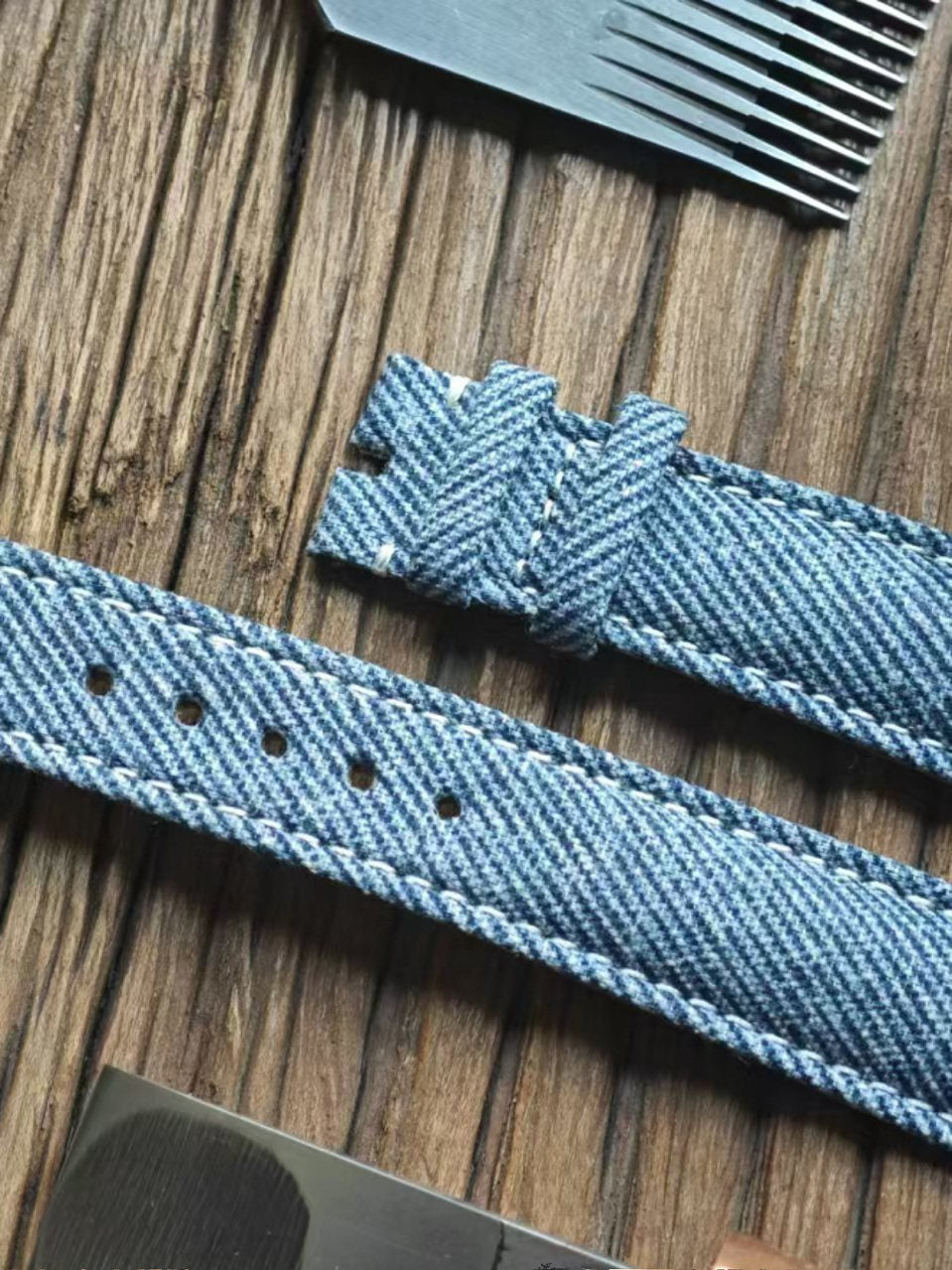 Handcrafted Custom Watch Strap - Imported Blue Denim & PP French Calf Leather, Minimalist Pin Buckle