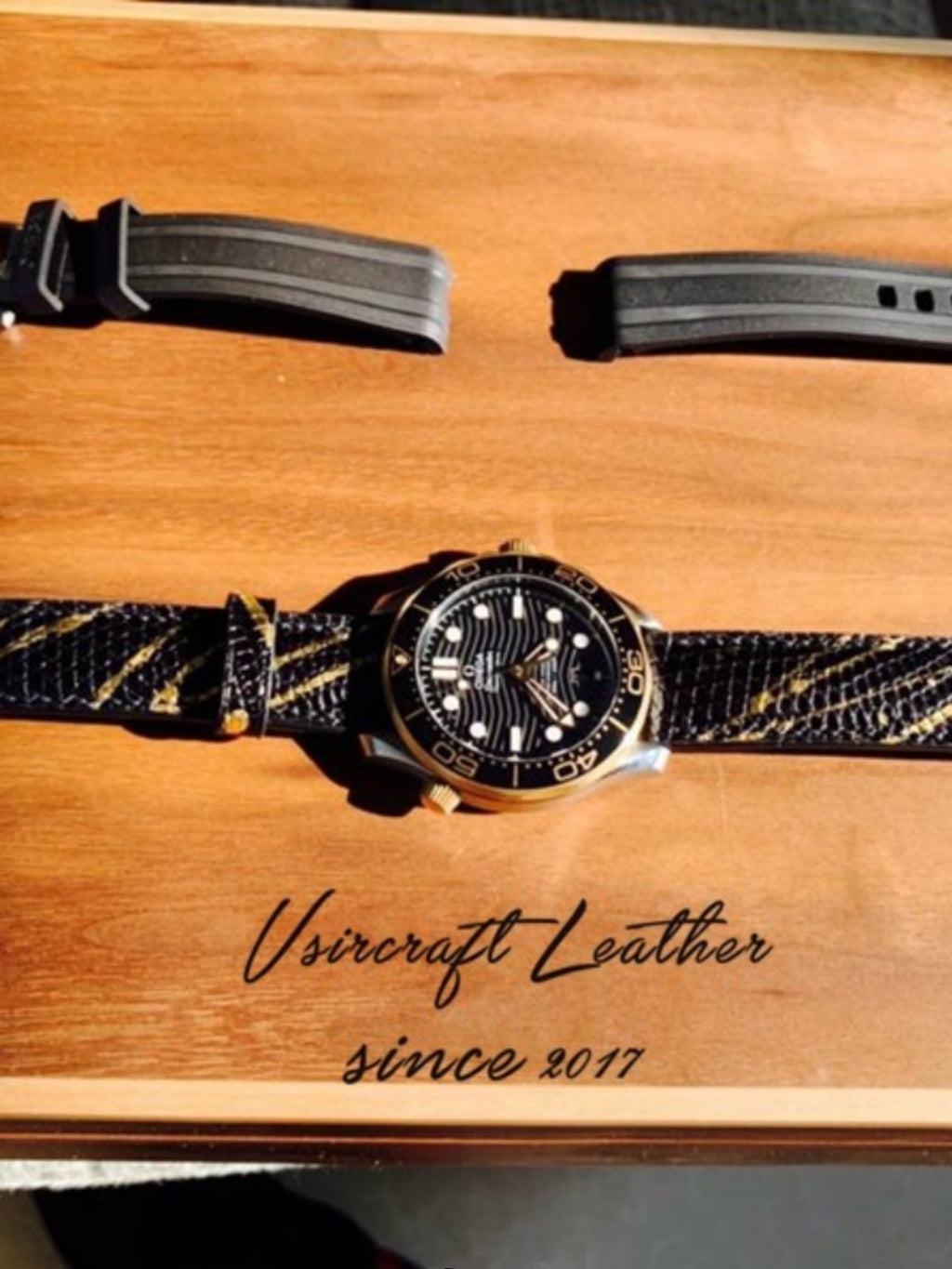 Handmade Custom Spanish Gilt Lizard Skin Watch Strap - Waterproof & Sweatproof, Black & Blue Pin Buckle