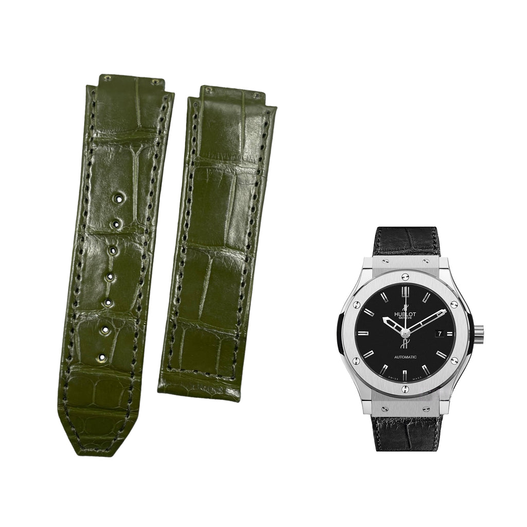 Compatible with Hublot Big Bang Classic Fusion 501/521 Olive Green ALLIGATOR Leather Folding Genuine Leather Strap