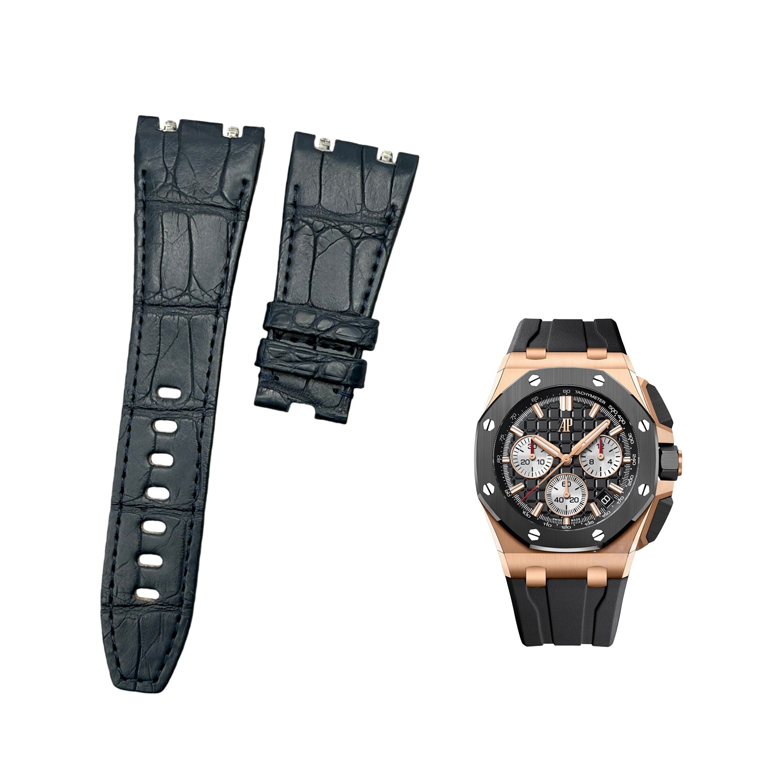 Handcrafted Double-Sided Crocodile Leather Watch Strap in Deep Blue, Custom-Fit for Audemars Piguet Royal Oak 15400 Series