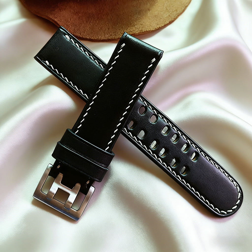 Handmade Custom Italian Black Cowhide Watch Strap, Double Needle & Double Hole Design, Soft and Durable, with Pin Buckle