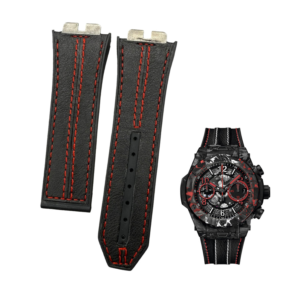 Handcrafted Custom Strap for Hublot 411 - Black Plain Cowhide with Red Hand-Sewn Rubber Inlay